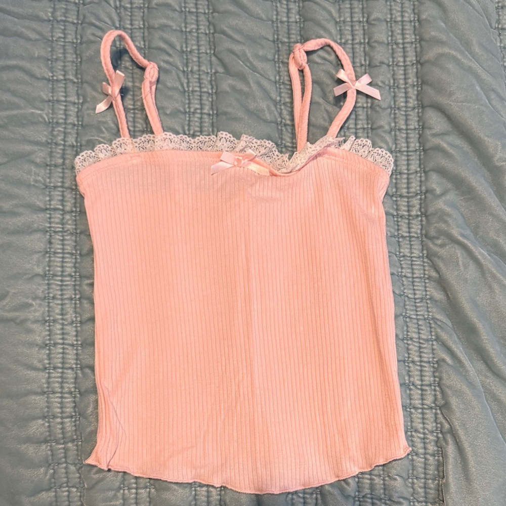 Full Tilt Soft Pink Ribbed Tank Top Cami XS Lace Trimmed Bows